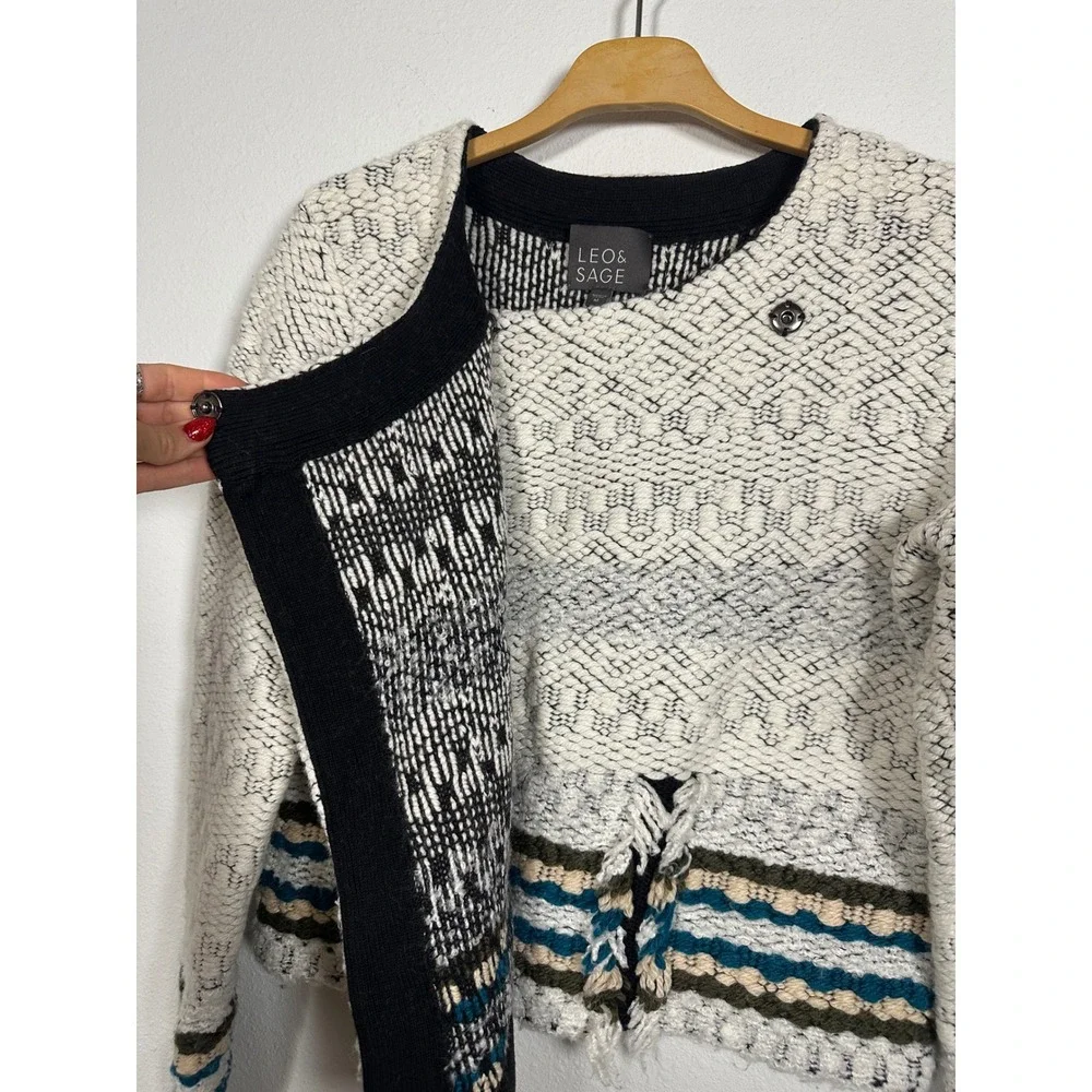 LEO AND SAGE Textured Geometric Knit Moto Cardigan Jacket Ivory‎ Black Teal Sz M